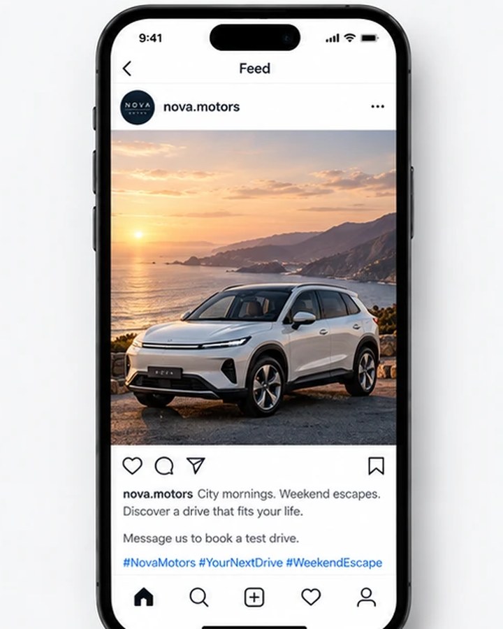 AI-generated caption example on a car social post